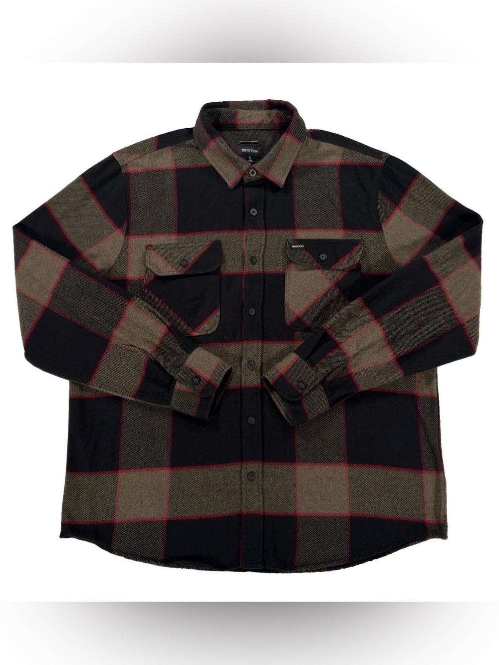 Brixton Bowery Men Large Flannel Shirt Plaid Long Sleeve Brown Black Button Up